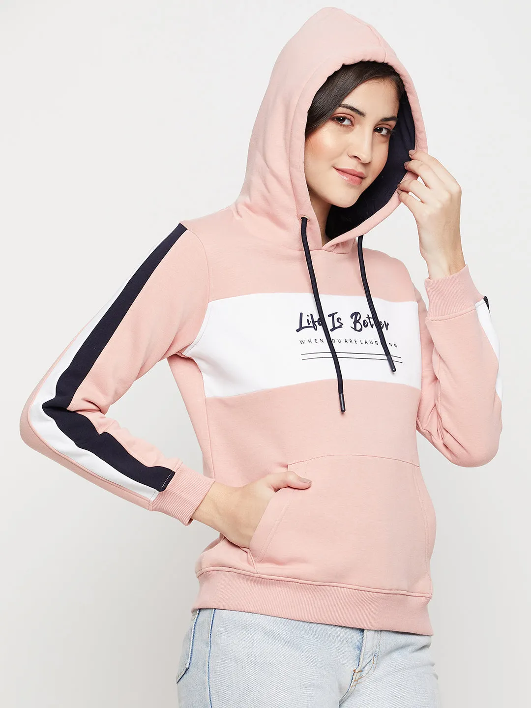 Women's Casual  Pink Regular Full Sleeve Pullover Hoodie Sweatshirt