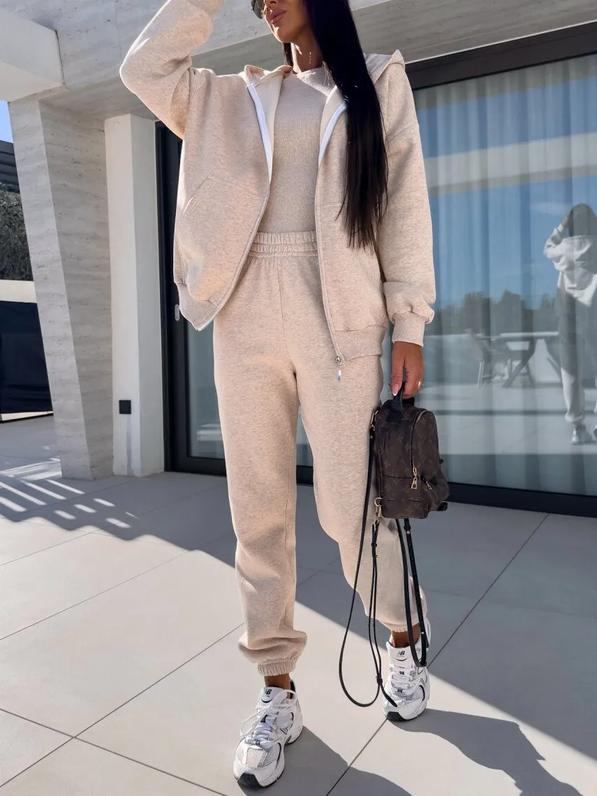 Women's Fashion Solid Color Hoodie and Pants 3-piece Suits