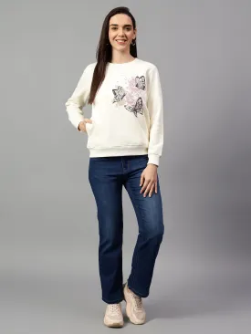 Women's Off White Printed Round Neck Sweatshirt