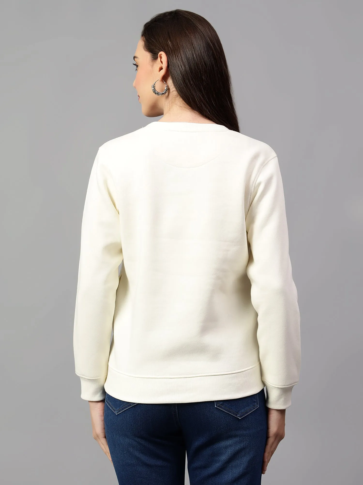 Women's Off White Printed Round Neck Sweatshirt