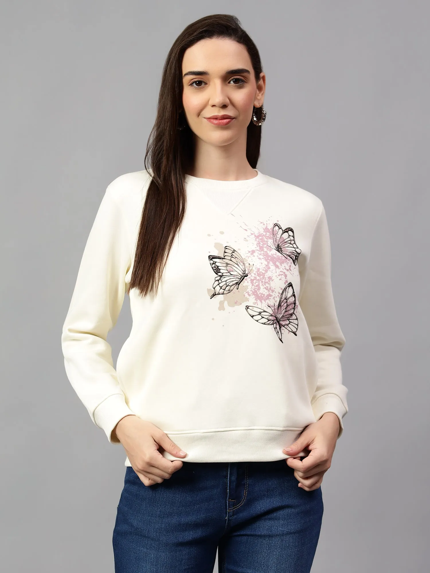 Women's Off White Printed Round Neck Sweatshirt